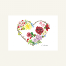 Greeting card with a display of flowers around the heart-shaped wreath.