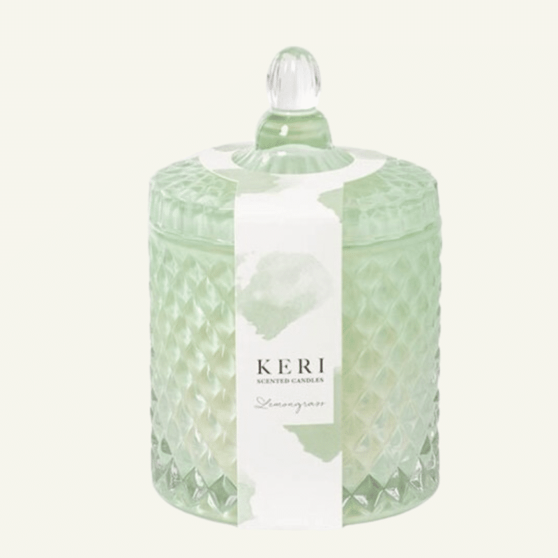 Keri candle lemongrass with cut glass jar and lid.