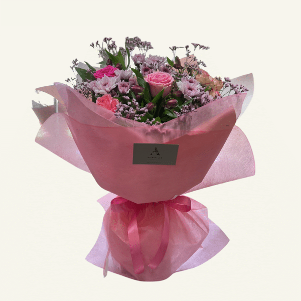 Pink crush flower bouquet Amber lee Florist. Seasonal mix of fresh flowers & foliage in shades of pink.
