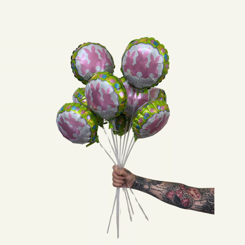 9in Easter Balloons. Air Filled. Cup and Stick included. Words saying Happy Easter.