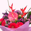 Close-up of Berry Bliss bouquet showing tropical pink anthurium, red gerberas, and purple seasonal flowers.